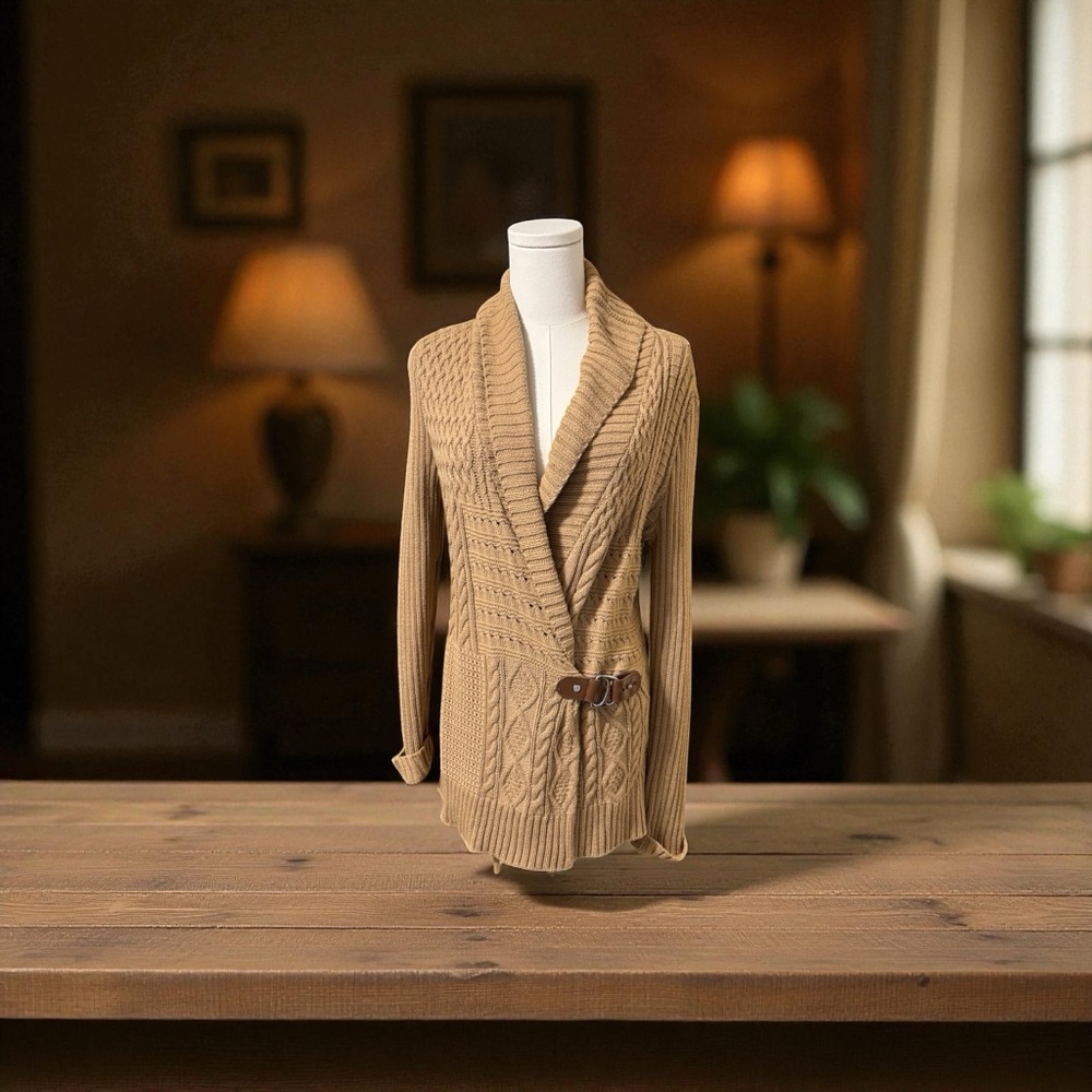 Ralph Lauren Buckled Cotton‎ Sweater SZ MED Tan